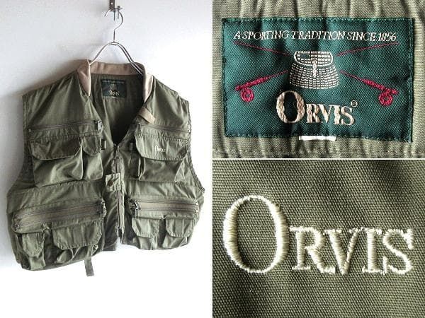 希少 状態良好 90sビンテージ ORVIS オービス ロゴ刺繍 多ポケット フィッシングベスト L-XL相当 カーキ オリーブ アウトドア 釣り 渓流 ヴィンテージ古着