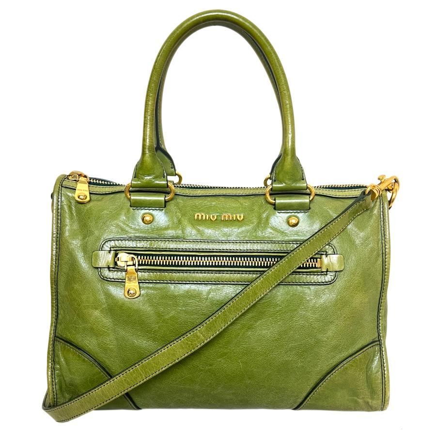 MIU MIU　ミュウミュウ　バッグ　ヴィッテロ　RN0893　ヴィンテージ　レザー　LARICE　ピスタチオグリーン　希少色　2WAY　横長　ボストン　トート　ハンド　斜め掛け　ショルダー　希少　レア
