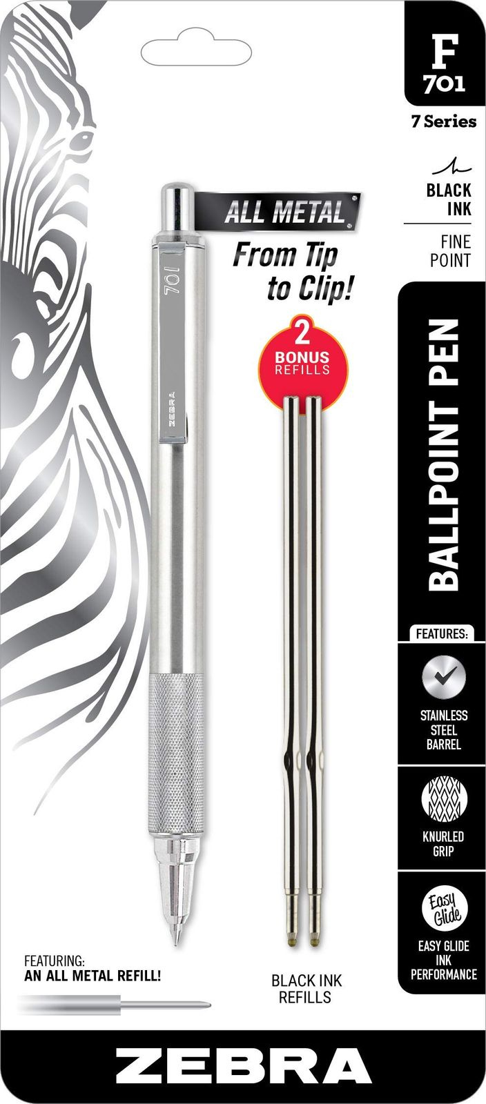 新品 Zebra F-701 メタルペン ボールペン 細字 ステンレススチールペン 刻み付きグリップ 0.8mm ブラックインク ゼブラF701 格納式シルバーメタルペン ブラックインク詰め替え2本付き 男女兼用 21213ELG