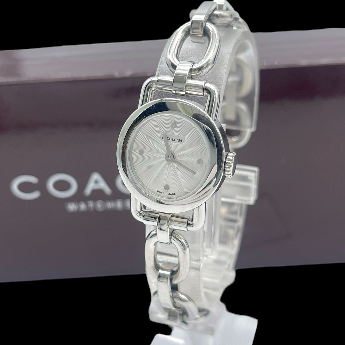 稼働品 COACH コーチ レディース腕時計 0250 クォーツQZ ラウンド チェーンベルト シルバー スイス製 箱付き