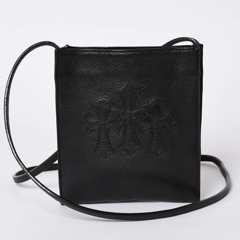 極美品 CHROME HEARTS クロムハーツ スクエアポケット 3セメタリークロスパッチ ショルダーバッグ ブラック シルバー金具 中古 4a001763