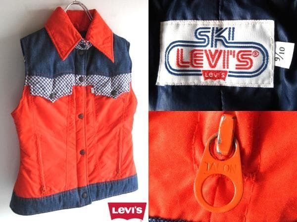 希少 70sビンテージ SKI LEVI'S スキー リーバイス TALONジップ ギンガムチェック/ナイロン/デニム 切替 ダウンベスト 9/10 インディゴ ヴィンテージ古着