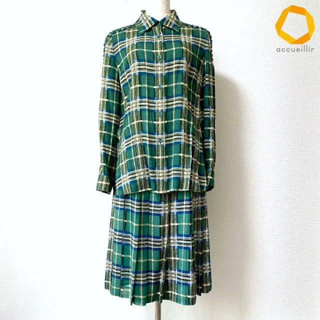 #anc ユキトリイ YUKITORII セットアップ ツーピース 38 緑 青 黒 チェック柄 スタッズ プリーツ 異素材 美品 レディース [982200]