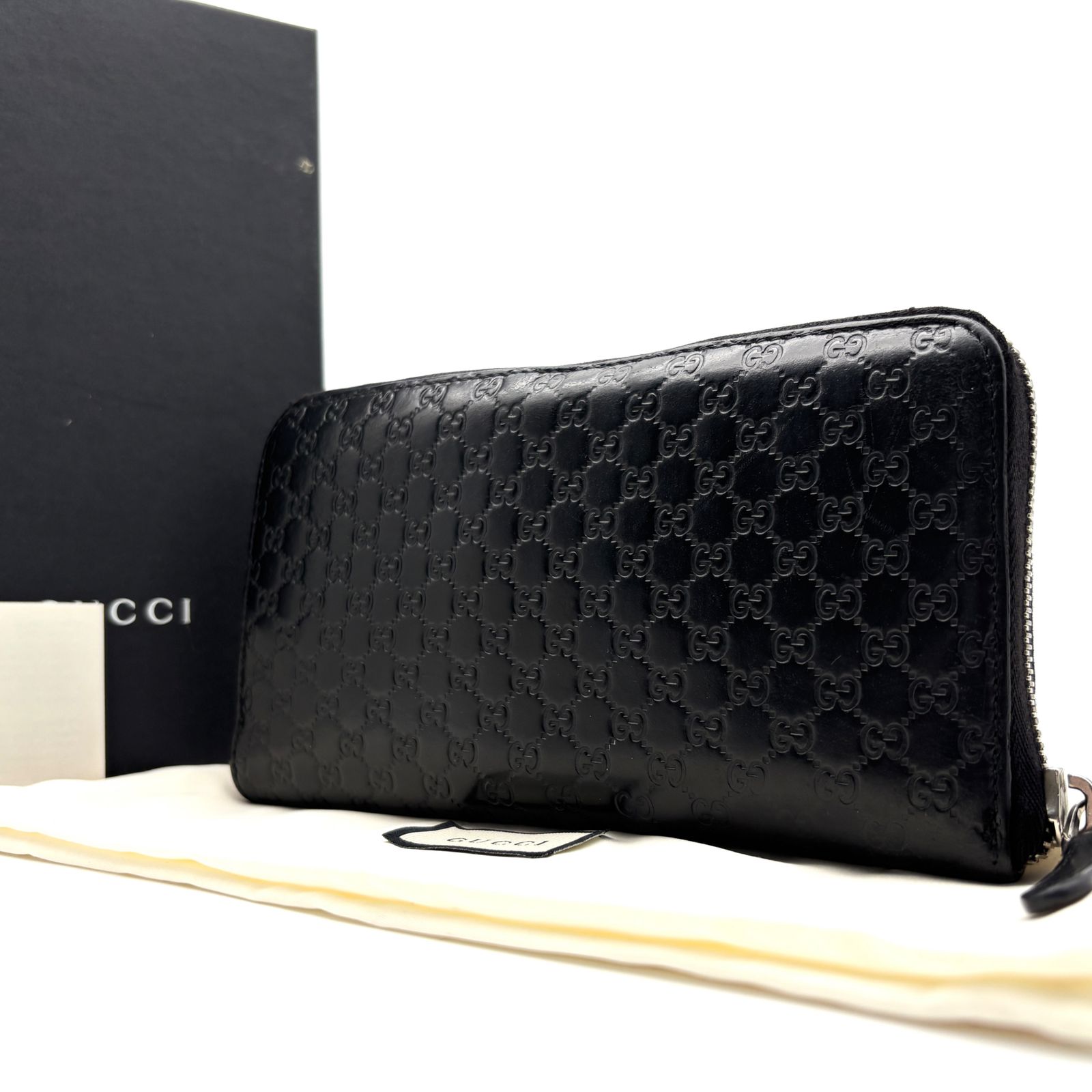 美品 GUCCI グッチ グッチシマ ラウンドファスナー 長財布 ジップアラウンド ウォレット レザー 本革 ブラック 黒 GG型押し GG柄 大容量 男女兼用 メンズ レディース ユニセックス ビジネス フォーマル カジュアル ギフト プレゼント 付属品完備