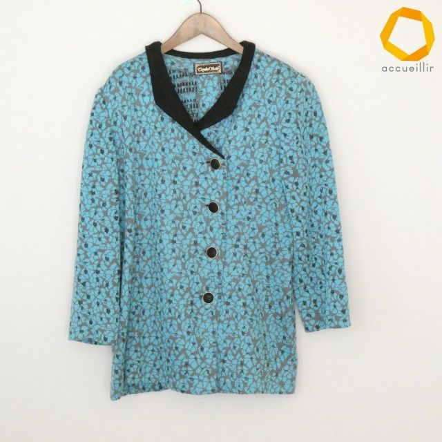 #a サイトウトヨコ 斉藤都世子 ジャケット 黒 水色 グレー ニット 花柄 レディース [987629] k01