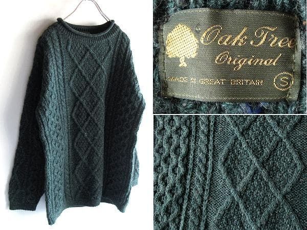 希少色 英国製 EUROビンテージ Oak Tree Original ネップウール ロールネック ケーブルニット アランセーター S(JP:L～XL位) グリーン 緑 ヴィンテージ古着