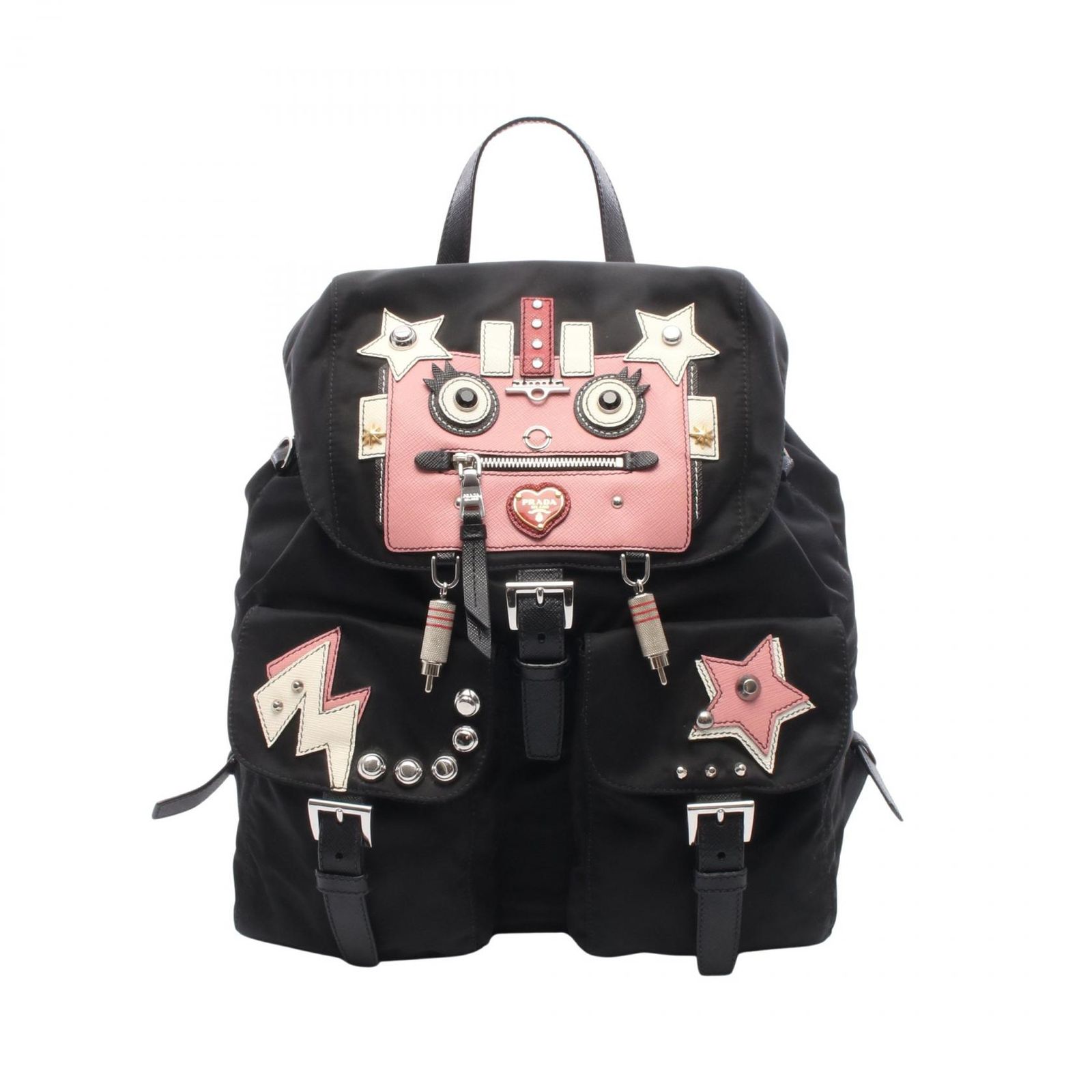 プラダ PRADA リュックサック バックパック TESSUTO ROBOT 1BZ811 ノワール/ピンク ナイロン レザー ロボット バックパック レディース Used A