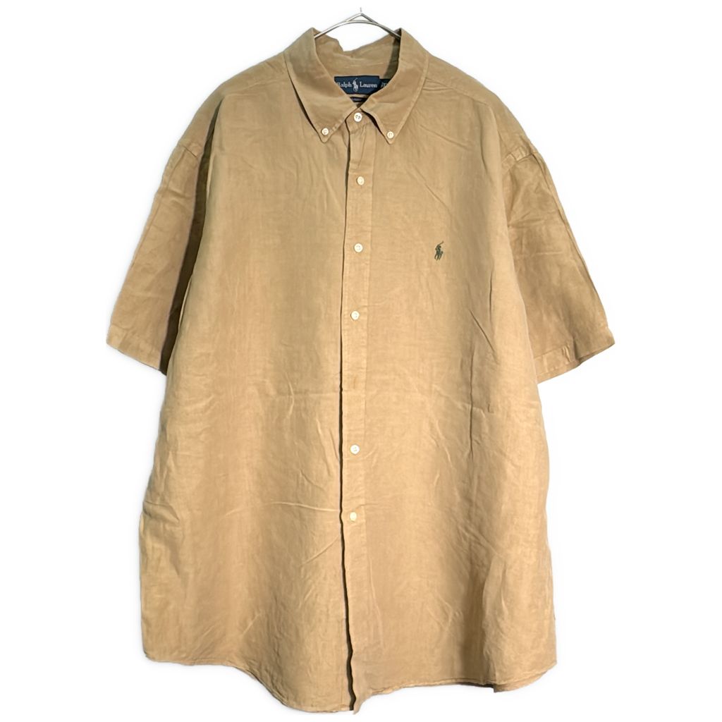 RALPH LAUREN ラルフローレン ボタンダウン リネンシルクシャツ 大きいサイズ ライトブラウン(メンズ XXL)中古 古着 Y0446