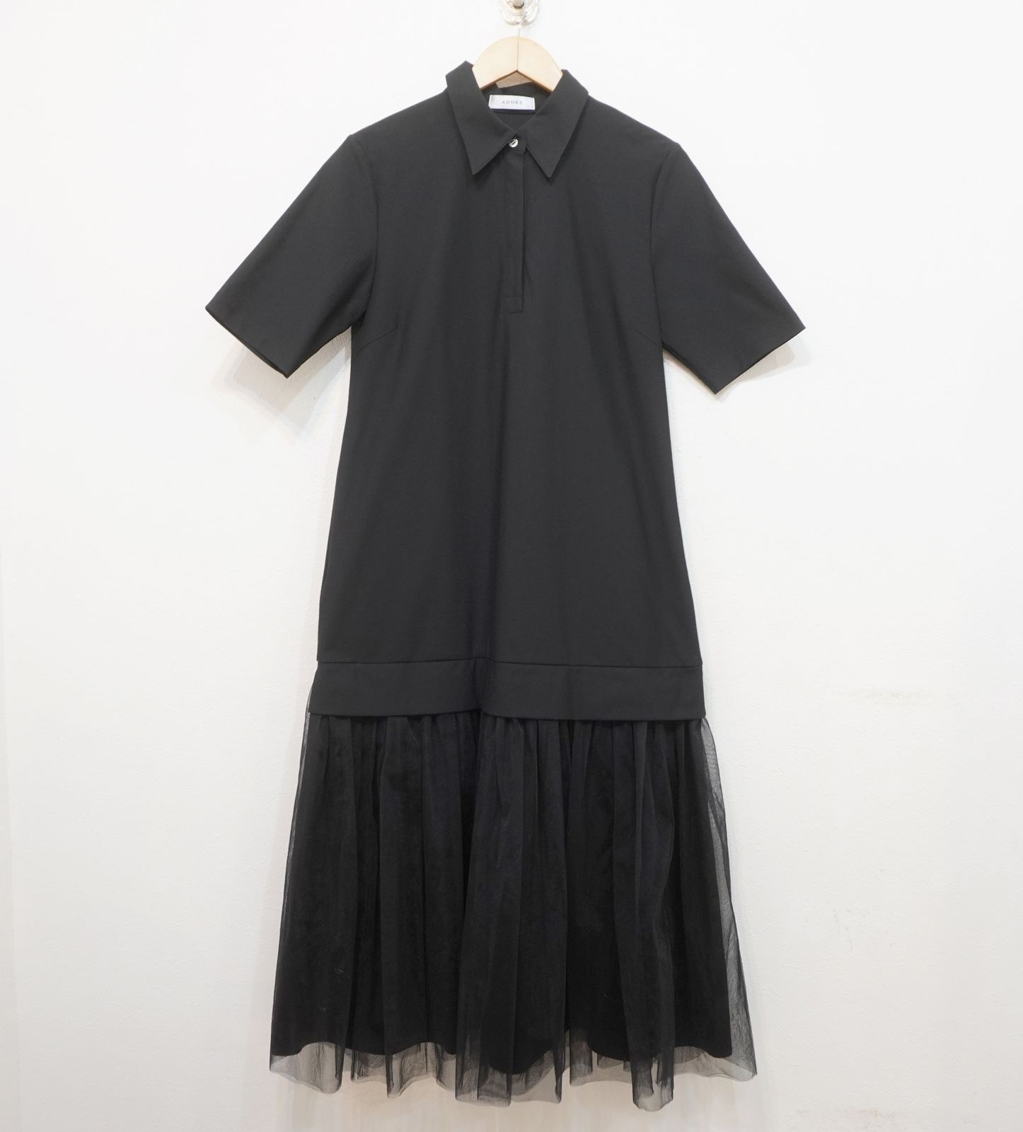 ADORE (38) 25SS メモリートリコットワンピース ポロシャツ風 チュール ワンピース アドーア 531-5140521 黒 日本製 K4-180