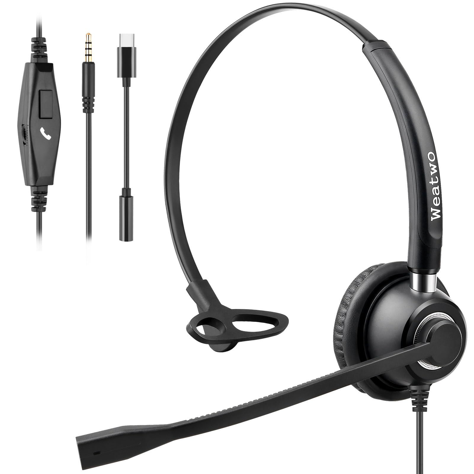 Weatwoヘッドセット3.5mm/USB-C接続 ノイズキャンセリングマイク付き 有線ヘッドホン 片耳 PC用ヘッドセット 着信応答/終話 音量調節 330°回転 タイプc接続 PC ノートパソコン スマートフォン Mac iPhone Samsu ...