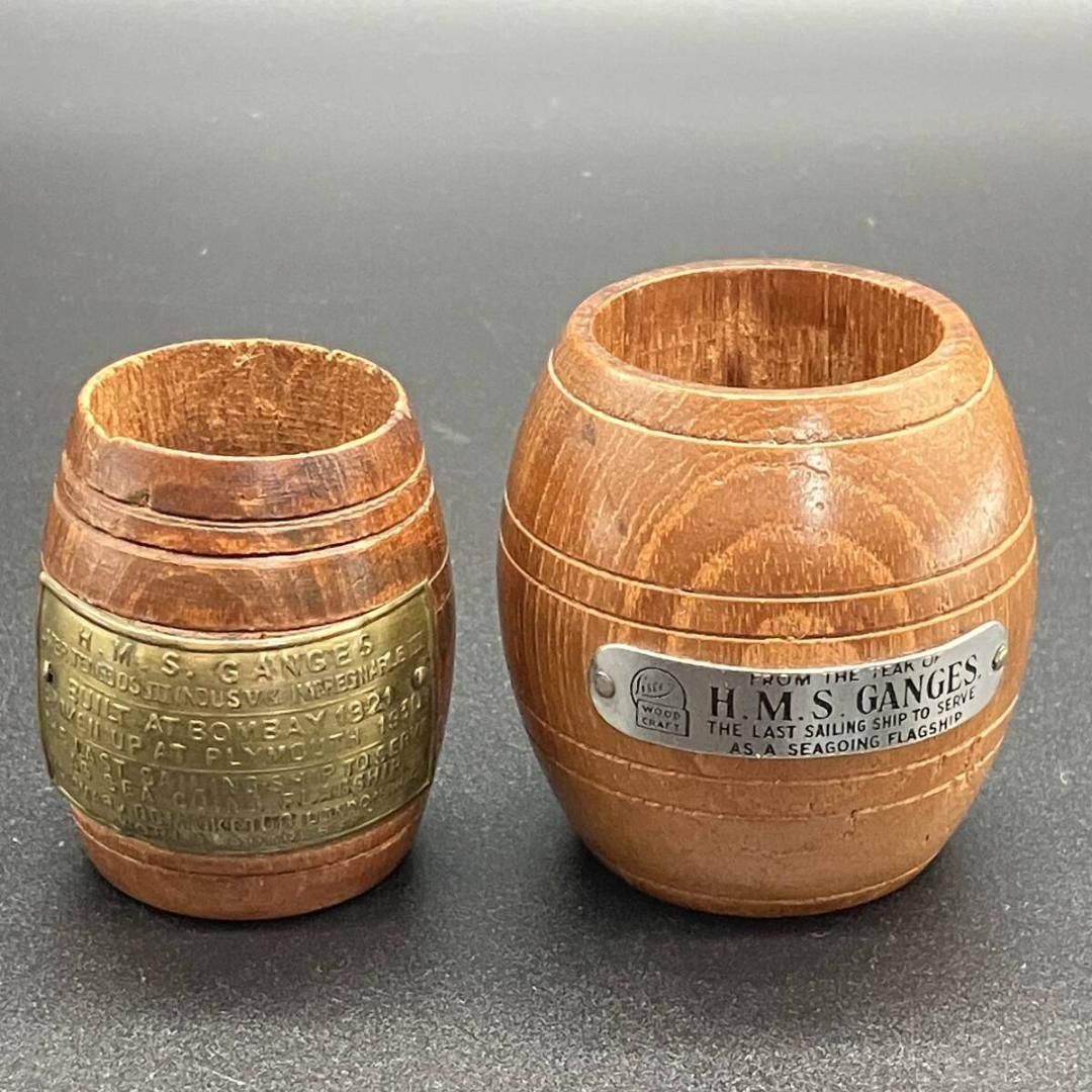 【 H.M.S. GANGES 】イギリス海軍 帆船 記念品 小物入れ 英国 実艦チーク材 甲板材 デッキ材 真鍮プレート ビンテージ 2個セット WWI WWII ( POP_25B )