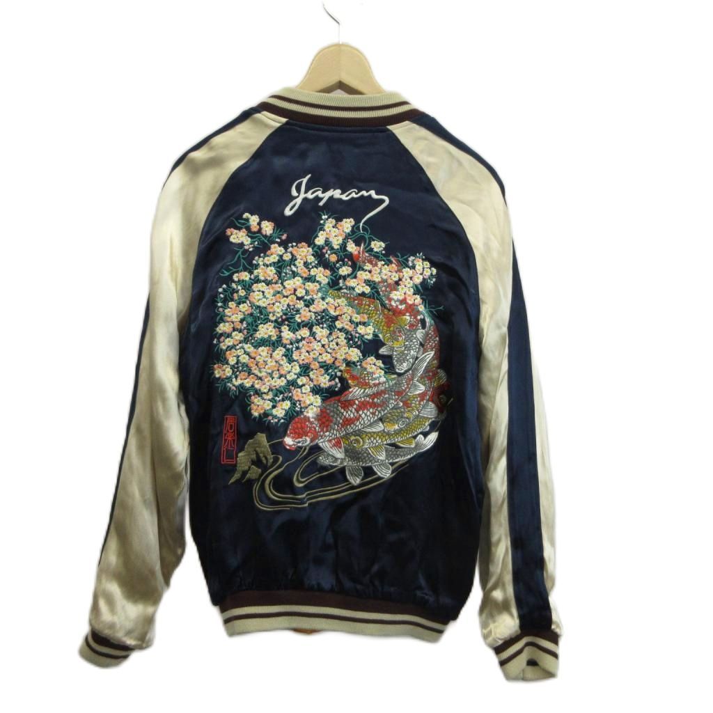 【鯉柄】IOLANI スカジャン サイズ:M イオラニ IOLANI スカジャン ジャケット 上着 M サテン 紺 ネイビー 刺繍 鯉 桜