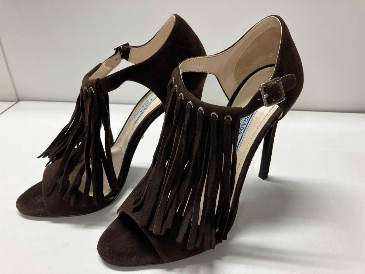 PRADA フリンジパンプス 38 ブラウン スエード ピンヒール 高さ:約11.5cm