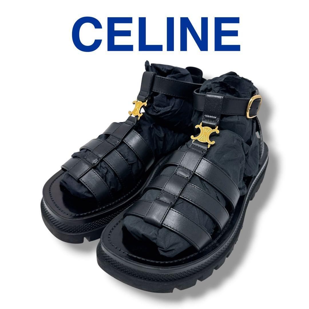 セリーヌ クレア トリオンフ グラディエーター サンダル 黒 レザー 24cm CELINE チャンキーサンダル 37 レディース ゴールド カーフスキン ゴールド金具 ブラック レザー×金属素材 ユニセックス メンズ 男女兼用 イタリア製