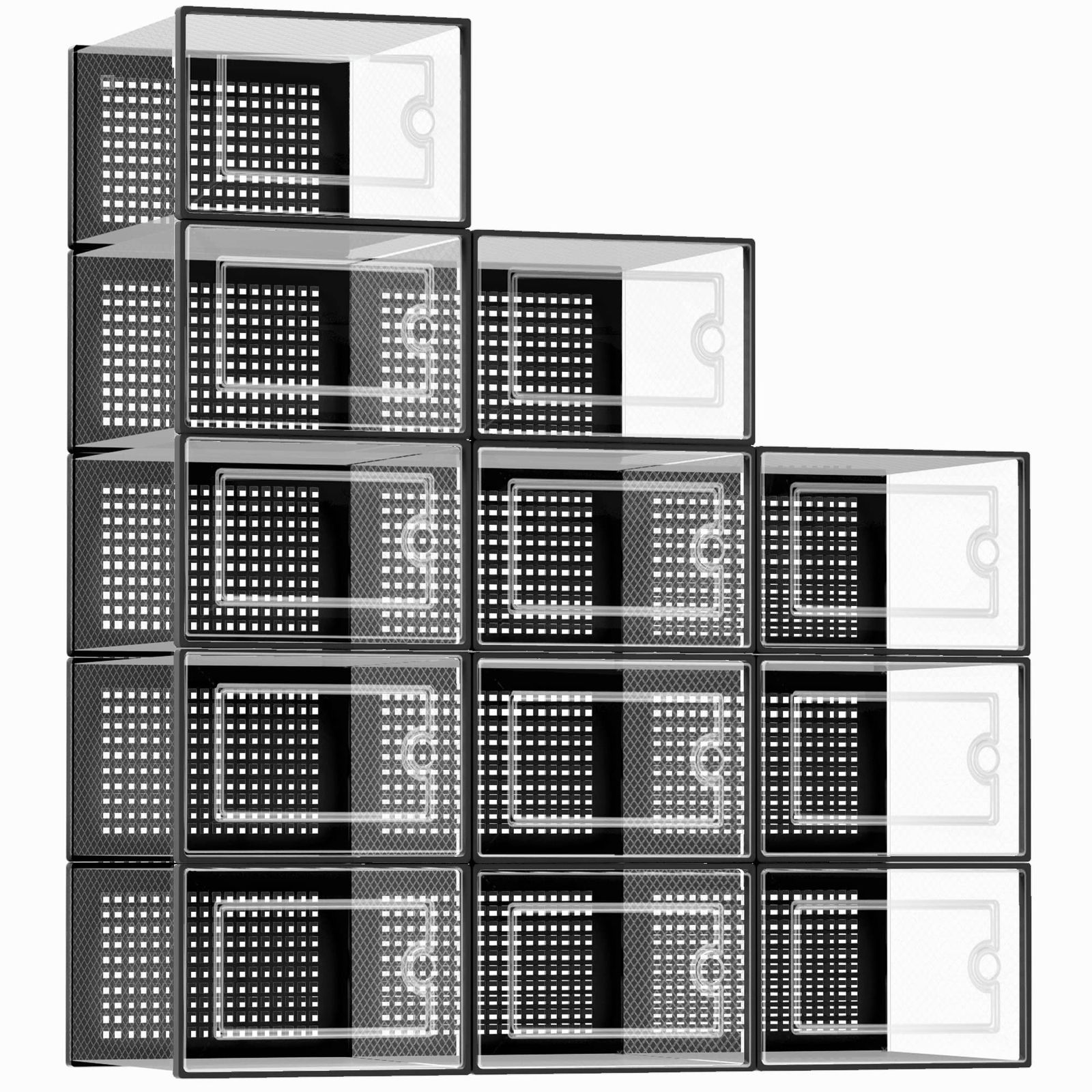 Kuject１２個セットシューズボックス 多層積み重ね可能 収納ボックス シューズラック 靴棚 玄関収納 下駄箱 大容量シューズケース（ブラック）Space Saving for Entryway, Black, 12 Pack shu 27b940fa