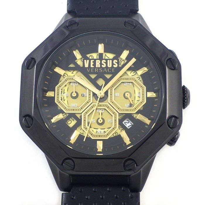 ヴェルサーチェ VERSACE 腕時計 パレストロ VSP393221 デイト クロノグラフ ブラック/ゴールド文字盤 SS 革 クオーツアナログ 【中古】