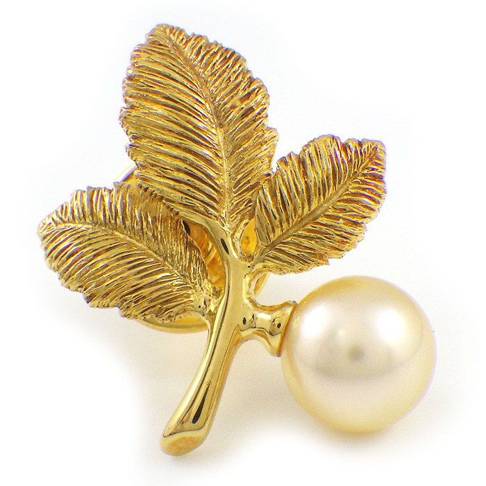 ミキモト MIKIMOTO ピンブローチ リーフモチーフ パール 7.5mm珠 K18YG