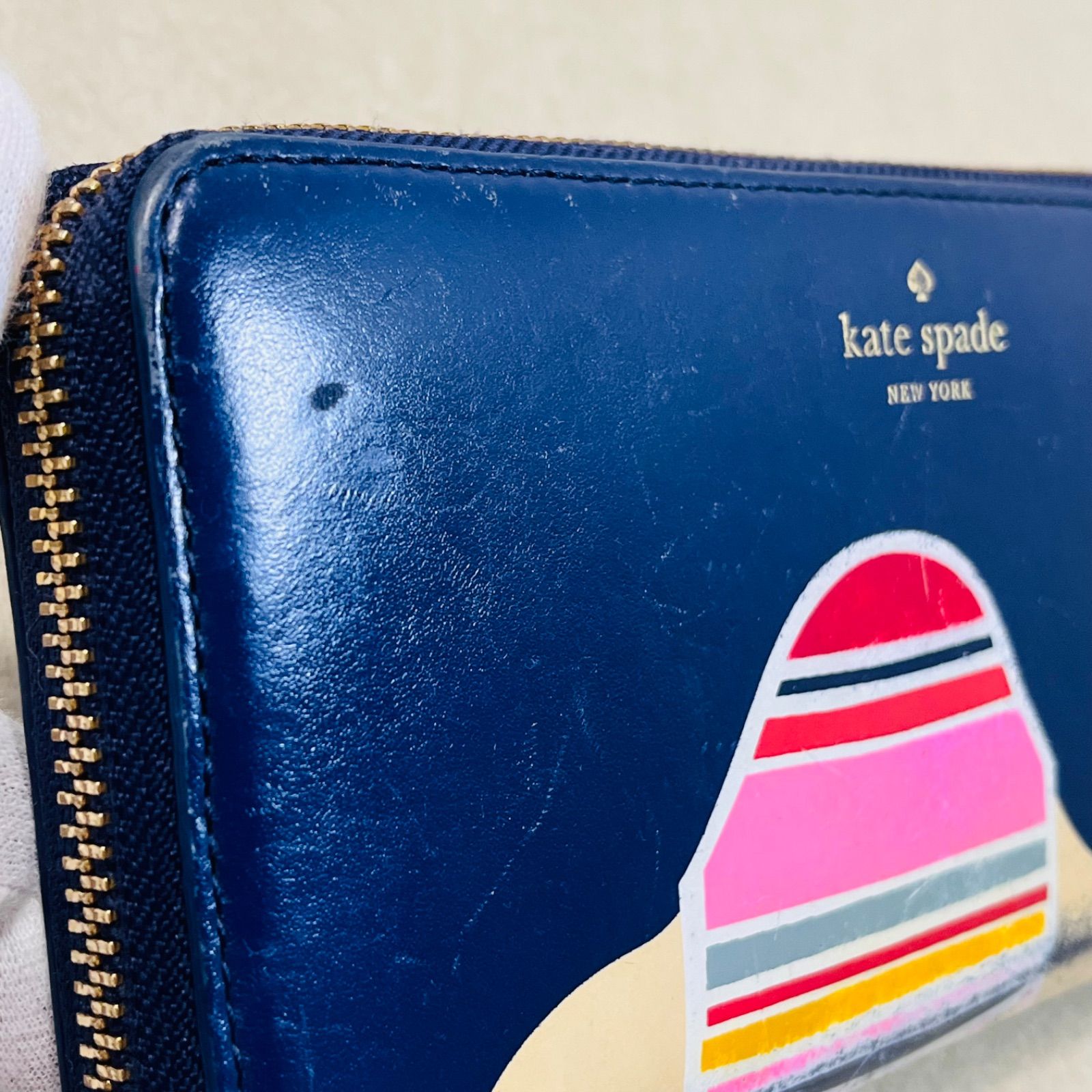 ケイトスペード 長財布 ネイビー ラクダ柄 コの字ファスナー kate