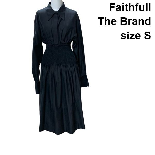 ◇ フェイスフル ザ ブランド Faithfull The Brand シャツワンピース 長袖 ウエストシャーリング ロング 紺 絹 綿 S 7号 レディース Z6C079
