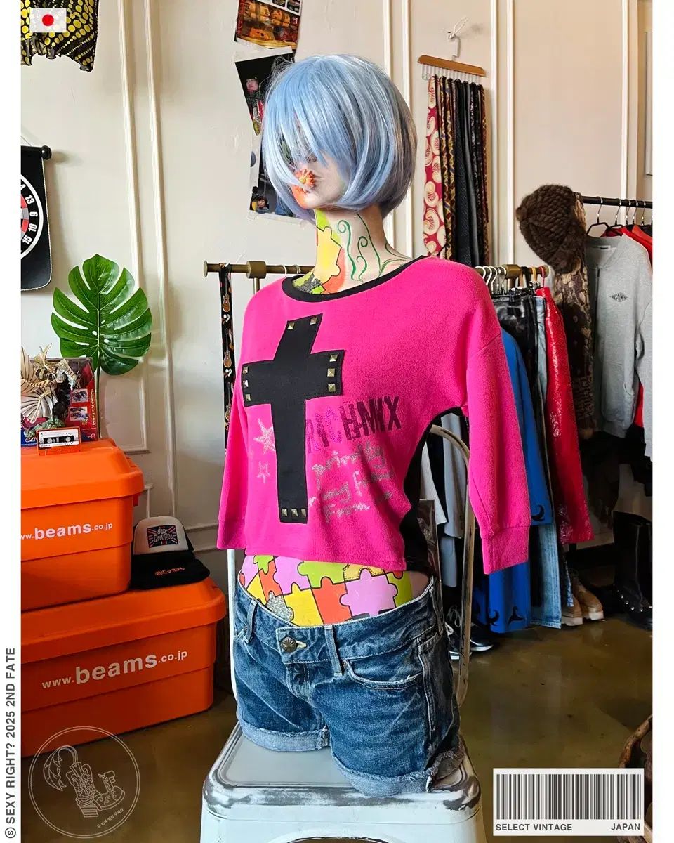 日本 ヴィンテージ ロリータ ギャル ホットピンク ROCK スタッズ クロップド スウェットシャツ トップス