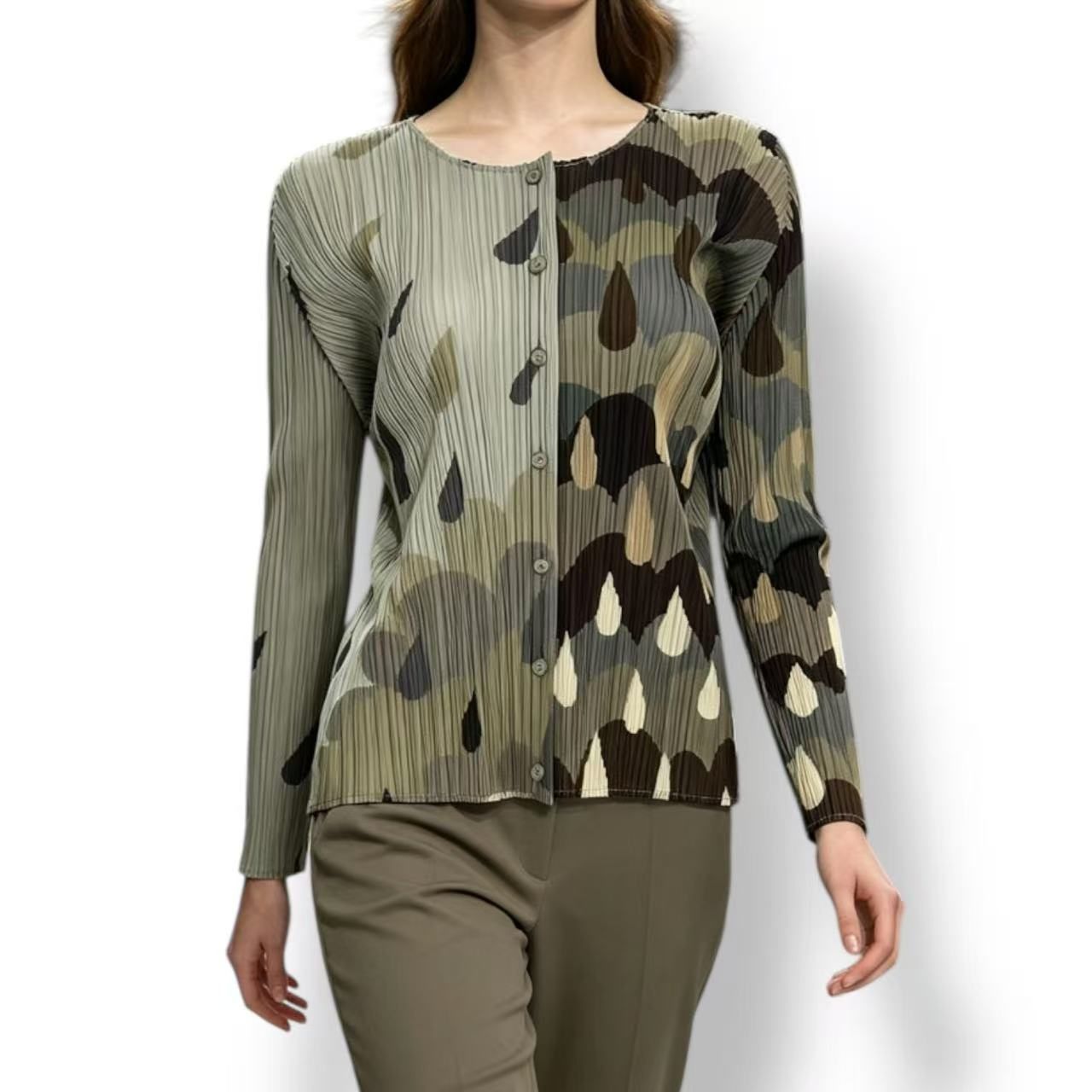 極美品 ISSEY MIYAKE イッセイミヤケ PLEATSPLEASE プリーツプリーズ カーディガン ドロップ柄 グリーン サイズ3