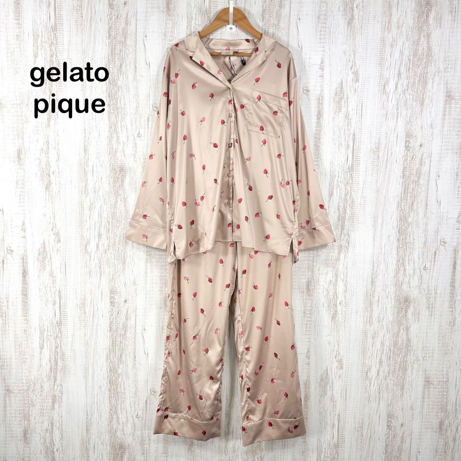 新品未使用 美品 gelato pique ジェラートピケ ストロベリー柄 いちご サテン パジャマ 上下セット ピンク ルームウェア