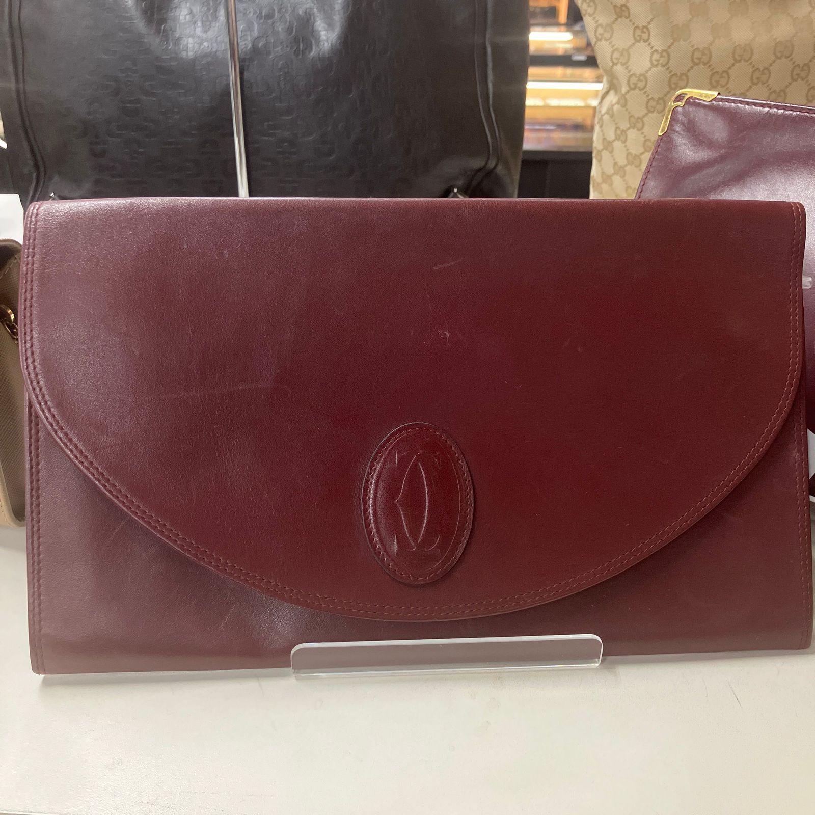 高級レザー製クラッチバッグ - ワインレッド