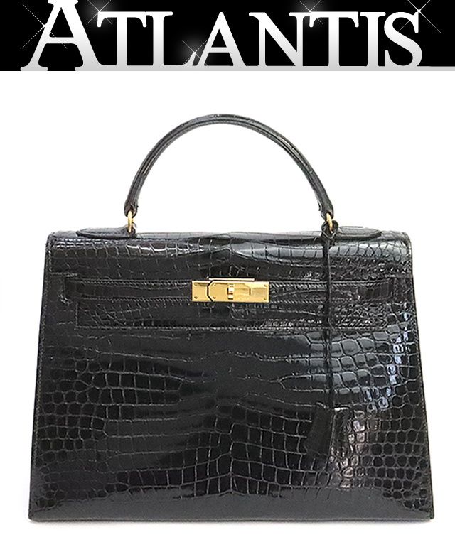 【広尾店】エルメス HERMES ケリー32 ハンドバッグ クロコポロサス 黒 G金具 〇R刻印(1988年) 【19083】