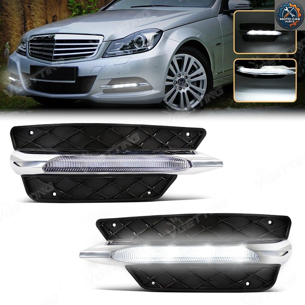 LEDデイタイムランニングライト ベンツ Cクラス W204 2011 - 14 ホワイト DRL ヘッドライト カバー付き フロントバンパー グリル フォグラ