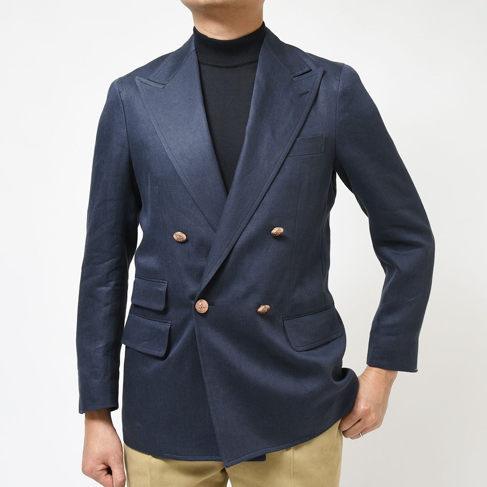 【40%OFF】Paul Stuart（ポールスチュアート） リネン メタルボタン チェンジポケット ワイドピークドラペル ダブル4Bジャケット 37031000175 ネイビー 48サイズ 新品