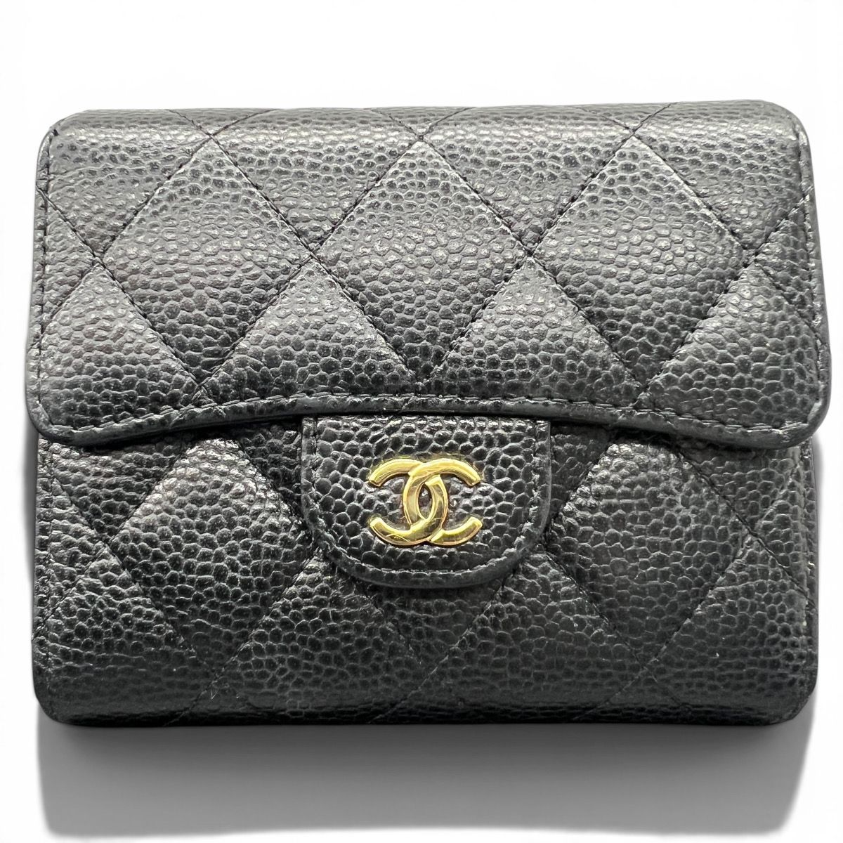 CHANEL 極美品 シャネル マトラッセ クラシック スモール フラップ ウォレット 三つ折り財布 AP0231 キャビアスキン 新型シリアルシール ブラック レザー ゴールド金具 コンパクトウォレット ミニ財布 Aランク 中古 鑑定済 シャネル財布