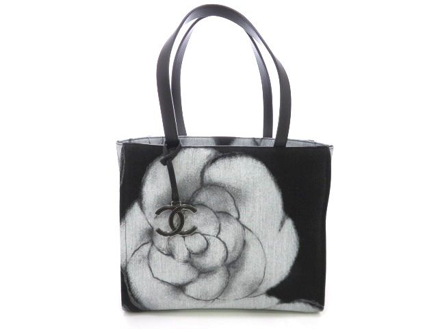 CHANEL シャネル カメリアプリント トートバッグ A91421 キャンバス レザー ブラック グレー レディース【中古】【473】