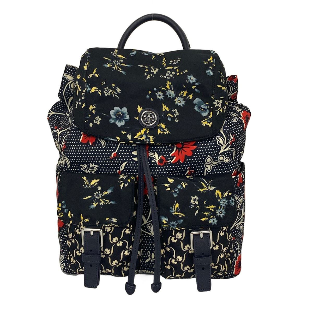 トリーバーチ リュックサック美品 バージニア ミックスプリント フラップ バックパック 85062 黒×アイボリー×マルチ ドット柄/花柄
