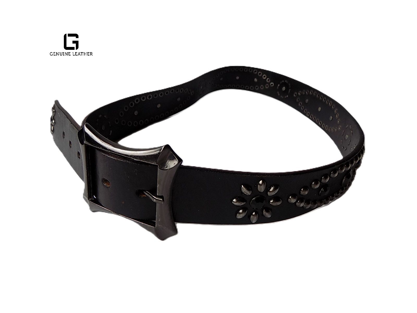 GENUINE LEATHER　ジェニュインアイアンリベットレザーベルト/mo-K-80-6811/普段/人気アイテム/おすすめ/ハーレー/鉄鋲/ワイルド/男らしい スタッズ付きのブラックレザーベルト、メタルバックルでスタイリッシュ。