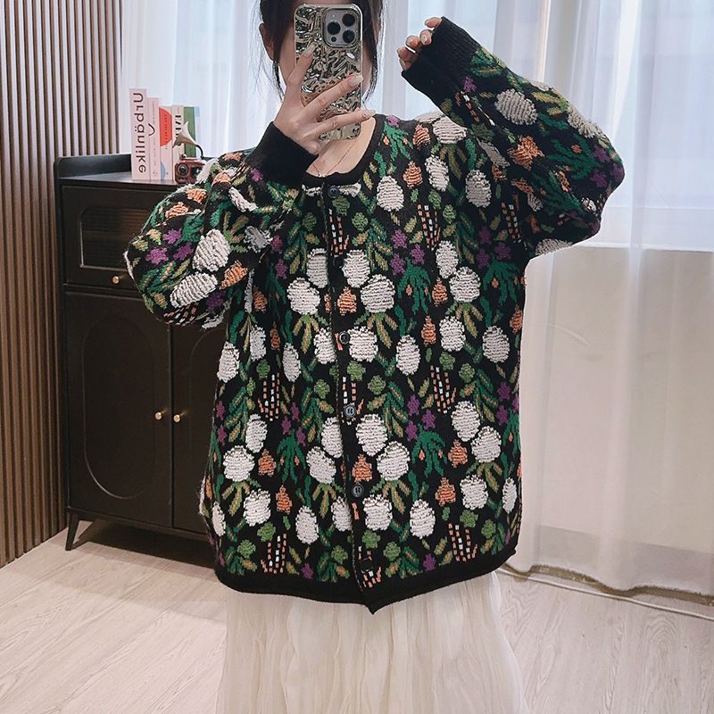 人気商品 セーター かわいい 刺繍 花柄 カーディガン ゆったり シングルボタン ニット