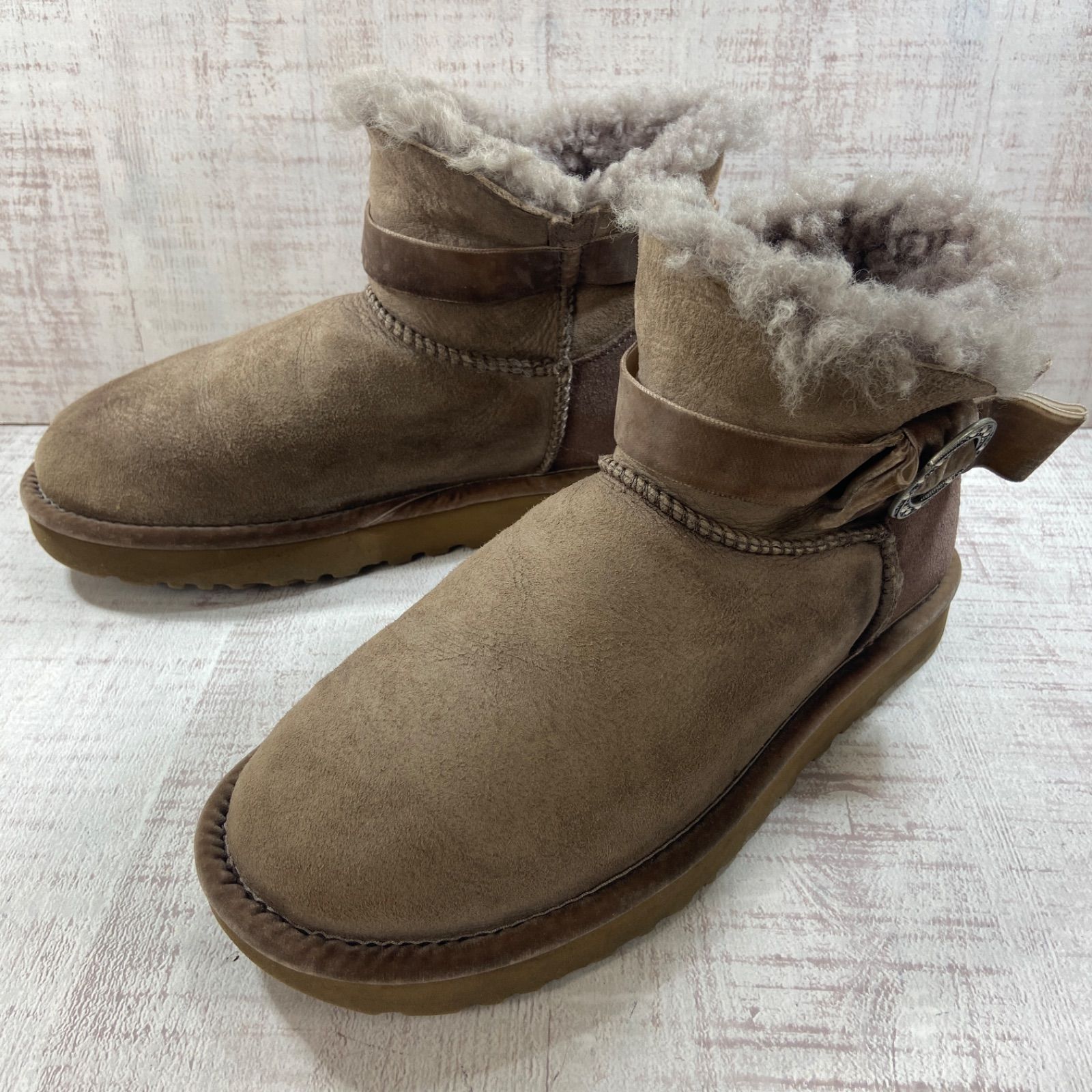 UGG アグ ミニブーツ ムートン リボン 25.0cm レディース グレージュ