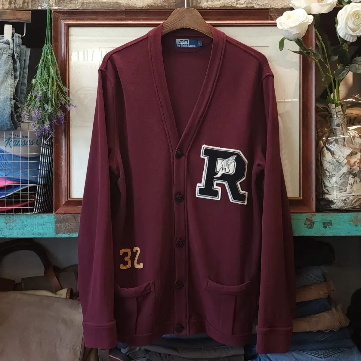 ポロ Vネック カーディガン Ralph Lauren バーガンディ カーディガン ウィングシューズ L