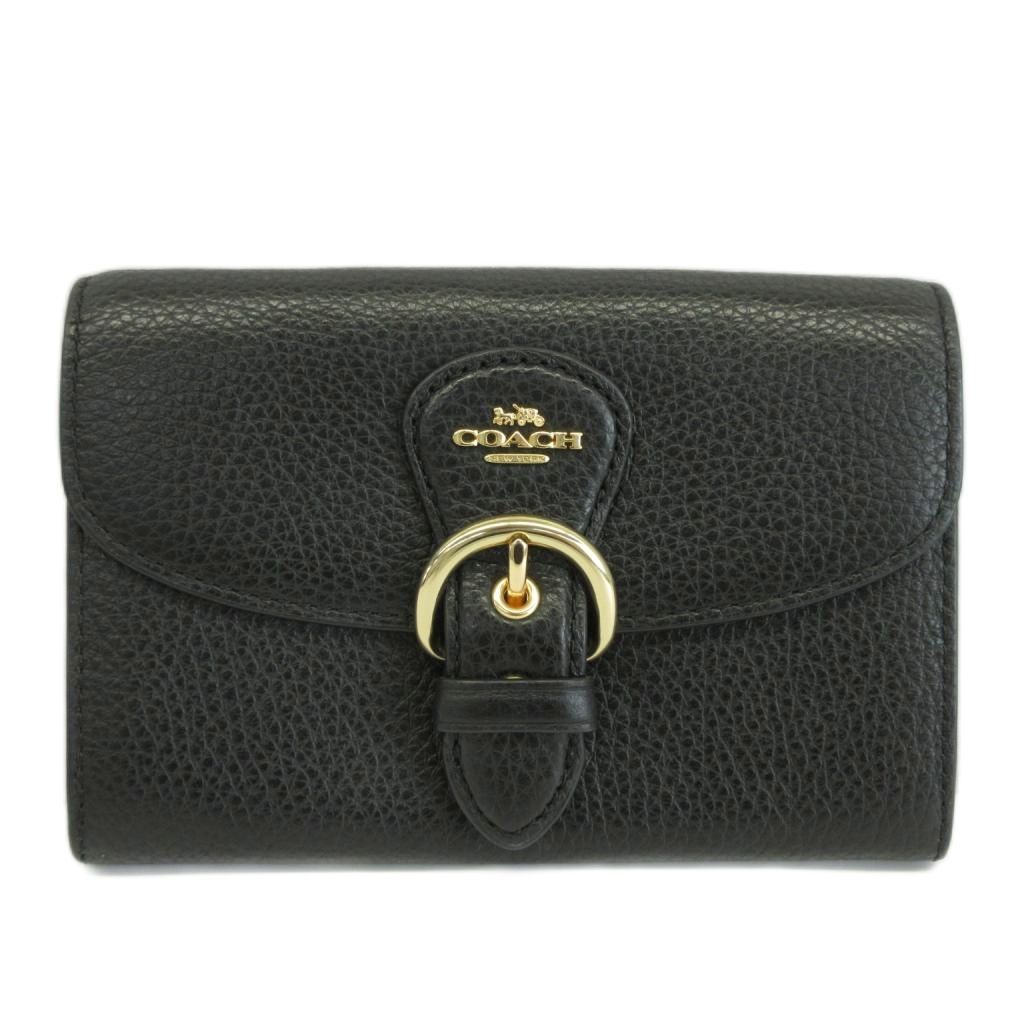 コーチ COACH クリオ ウォレット Kleo Wallet 財布 二つ折り ペブルドレザー ベルト ロゴ ゴールド金具 黒 ブラック C6896 /XZ ■GY18