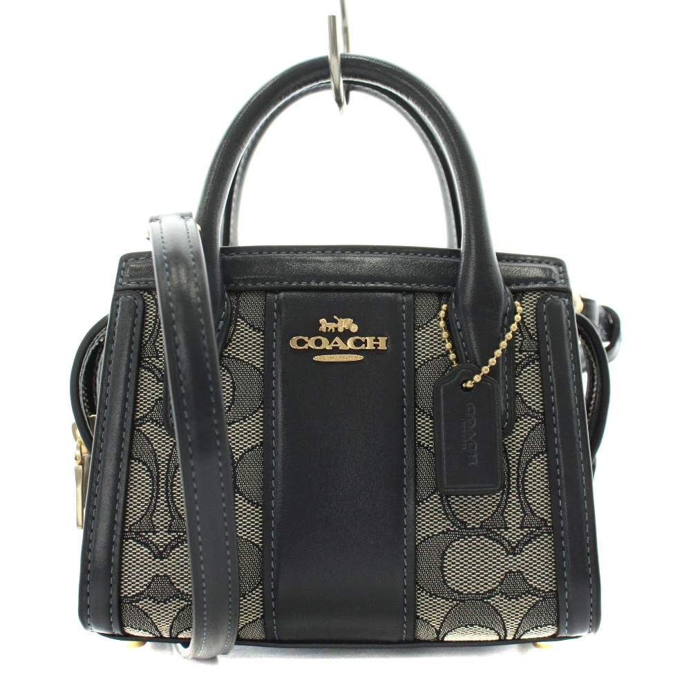 コーチ COACH アンドレア ミニ キャリーオール シグネチャー ハンドバッグ ショルダーバッグ 2way レザー ジャガード 紺 ネイビー CU986 /AN38