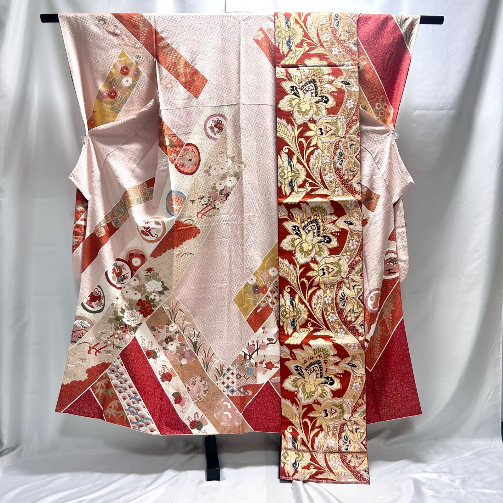 着物 帯 セット 振袖 成人式 袋帯 華やか 花 ピンク レディース 中古品 
