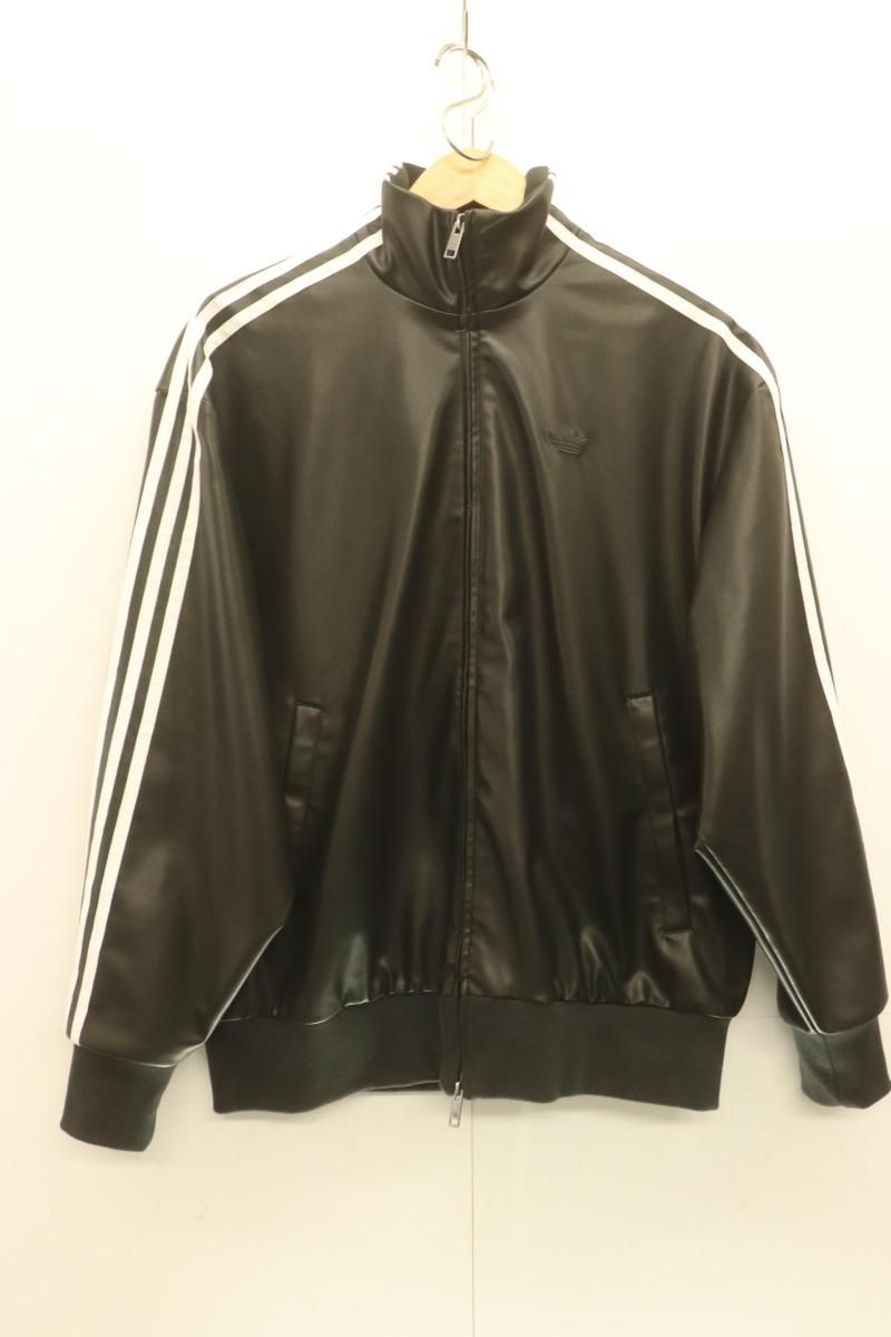 【中古】 adidas メンズジャケット M PLEATHER 3STRIPES TRACK TOP adidas M 黒 ブラック ロゴ フェイクレザー