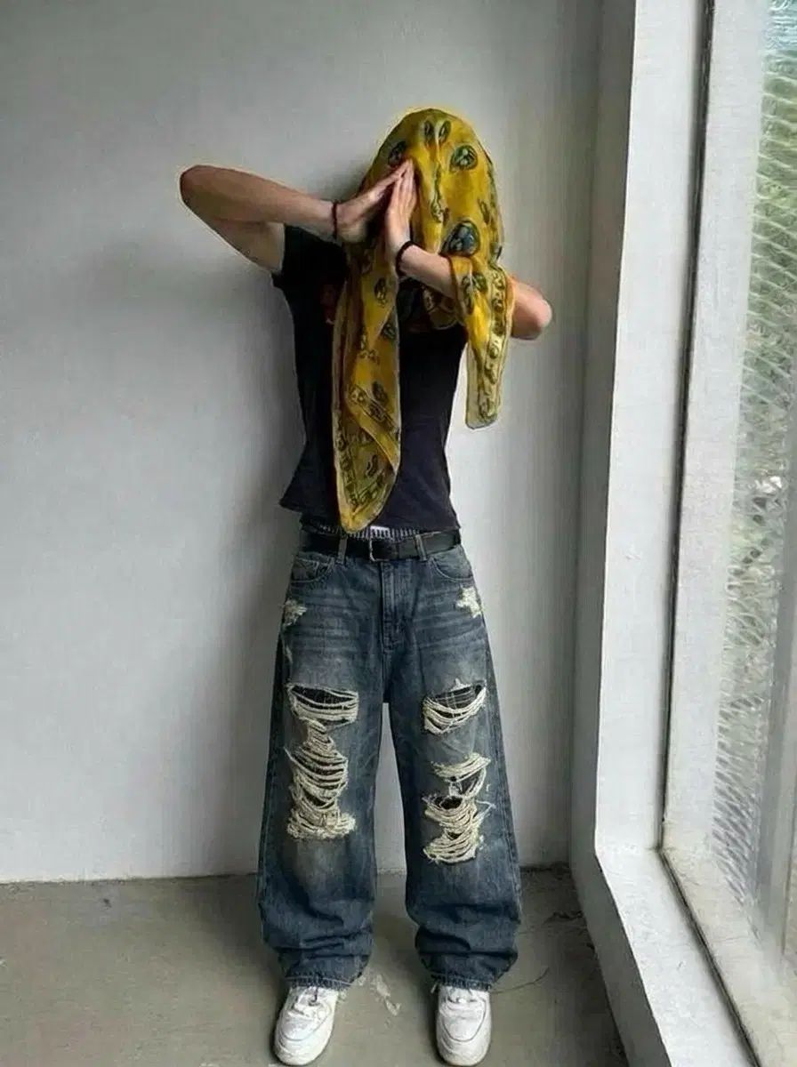 Masonprince デストロイ裏地CHECK ボード ワイルドフィット デニムパンツ
