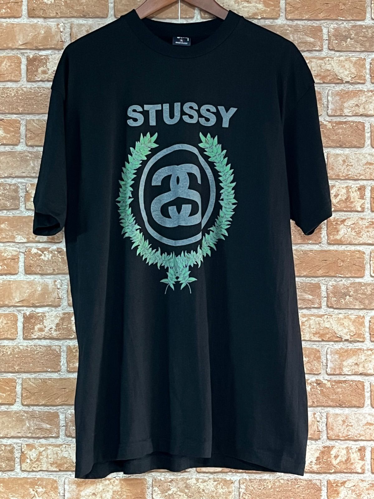 STUSSY ステューシー　ヴィンテージ　中古　古着　Tシャツ　90s　紺タグ　SSリンク　シャネルロゴ　月桂樹　XL ブラック　黒