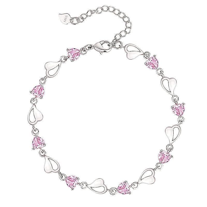 Rockyu ブレスレット レディース シルバー ピンク クリスタル 腕輪 かわいい 細め ハートブレスレット ステンレス製 金属アレルギー対応 ファッション アクセサリー (ピンク)