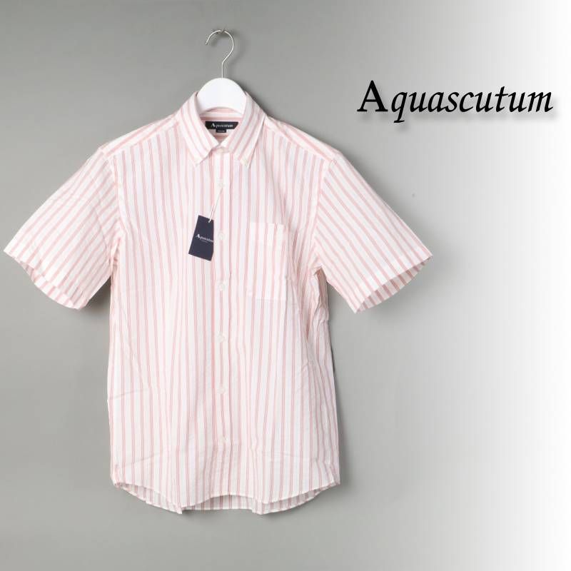 新品 Aquascutum (Men) アクアスキュータム Sucker Stripe Short Sleeve Shirt シアサッカーストライプシャツ M 日本製 # 021