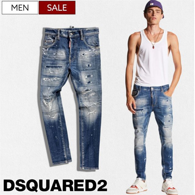 【定価110,000円(税込)】DSQUARED2 ディースクエアード 大胆なダメージ&リペア加工が目を惹く スーパーストレッチ テーパード デニムパンツ ブリーチ加工 ウォッシュ加工 ジーンズ 《SUPER TWINKY JEAN -スーパートゥインキージー