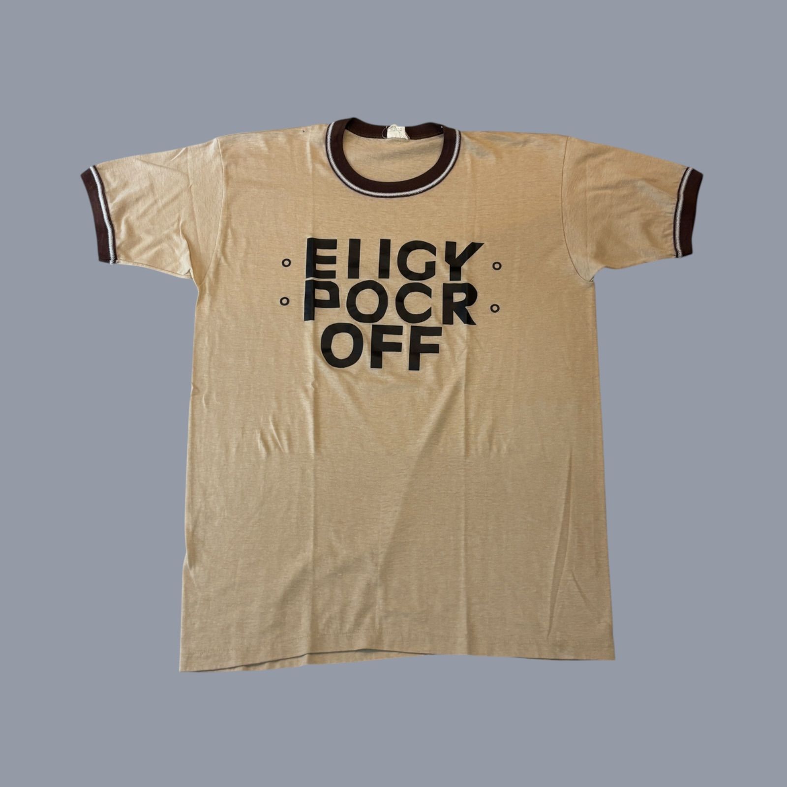 USA製 80s FUCK OFF Gimmick S/S Tee XL Beige ファックオフ ギミックティー ベージュ ブラウン プリント 古着