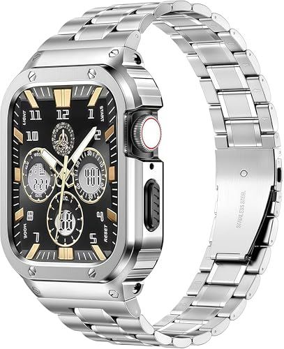 MioHHR ステンレススティール製バンド、ケース互換性 Apple Watch Bands 44/42mm,金属製保護バンパーカバー付き頑丈なストラップ iWatch シリーズ 6/5/4/SE3/SE2/SE/3/2/1 男性用 (シルバ b6a746bf