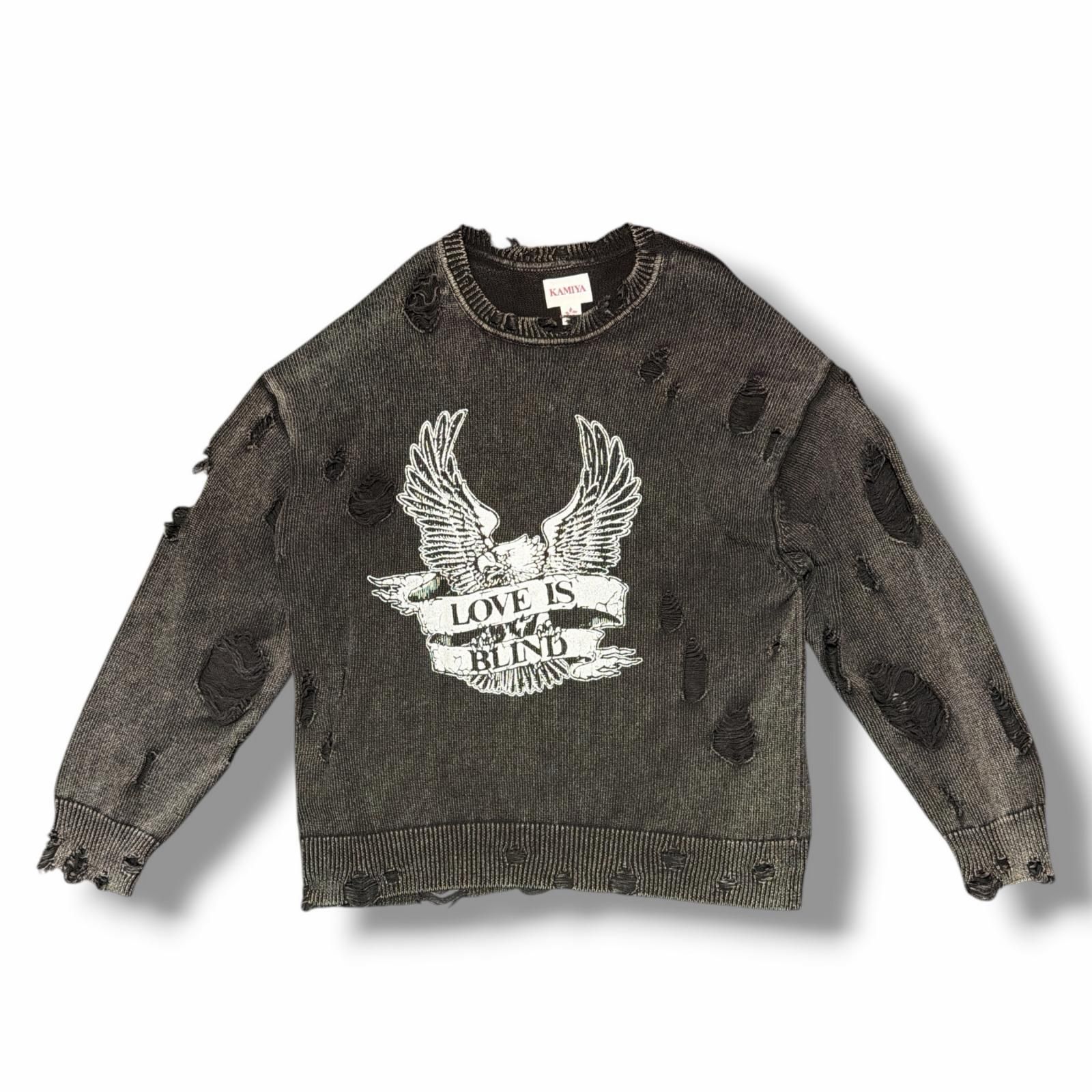 参考上代35200円 KAMIYA 24AW Bleached Print Knit Sweater ブリーチプリントニット セーター カミヤ G13PO053 ブラック M （14689M）