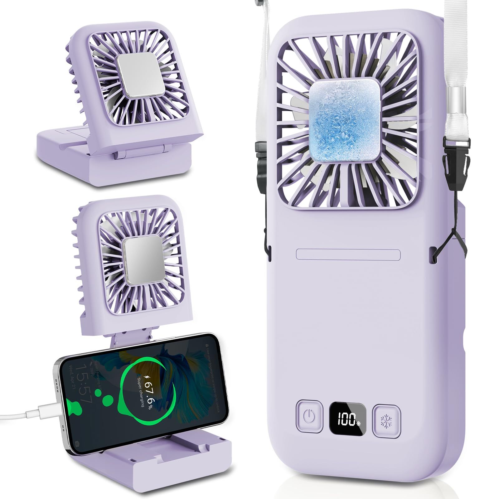 ハンディファン 冷却プレート 2026 大風量 接触冷感 4WAY(手持ち 首掛け 卓上 スマホスタンド) 5段階風量 6000mAh 長時間稼働 電池残量液晶表示 USB充電 Type-C対応 180度角度調節 折り畳み 小型 軽量 薄型 ストラップ送料無料